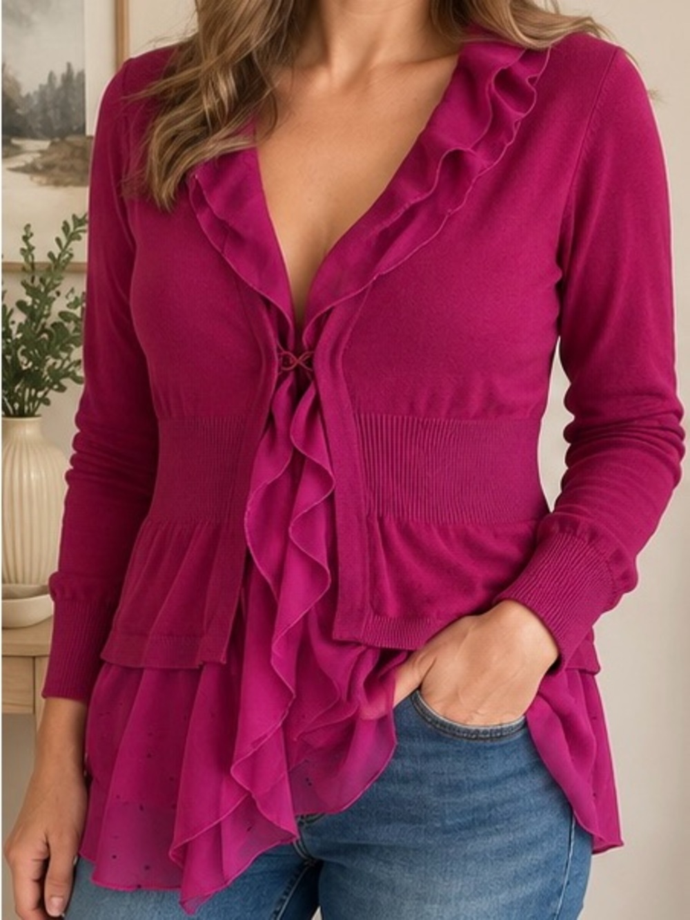 Vintage I.D.O La Vie Anthropologie Magenta Ruffle Cardigan Y2K